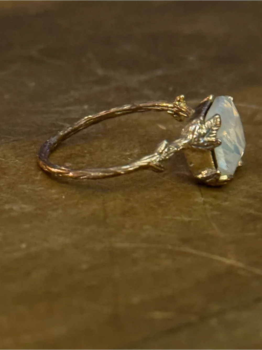Vintage gold tone emerald cut moonstone vine ring